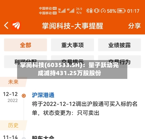 掌阅科技(603533.SH)：量子跃动完成减持431.25万股股份