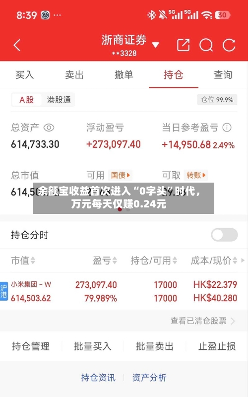 余额宝收益首次进入“0字头”时代，万元每天仅赚0.24元