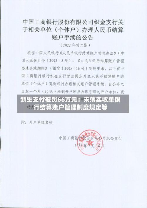 新生支付被罚66万元：未落实收单银行结算账户管理制度规定等