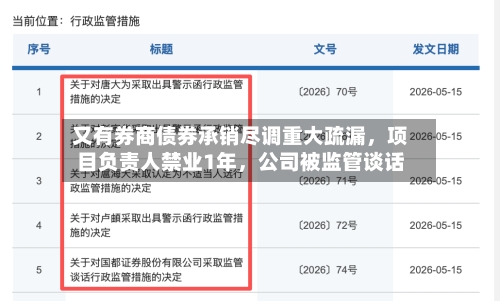 又有券商债券承销尽调重大疏漏，项目负责人禁业1年，公司被监管谈话
