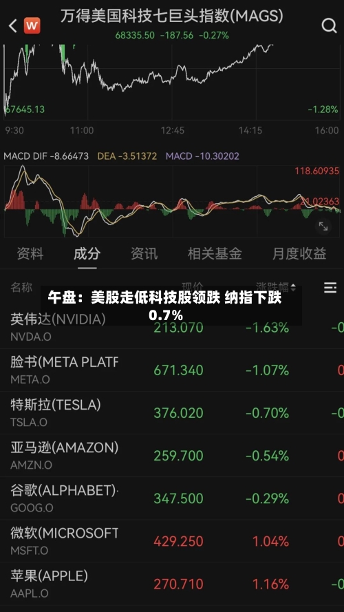 午盘：美股走低科技股领跌 纳指下跌0.7%