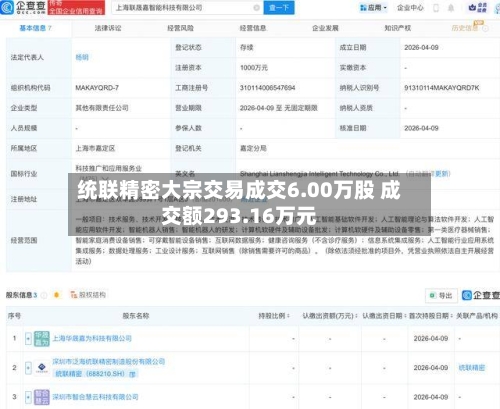 统联精密大宗交易成交6.00万股 成交额293.16万元
