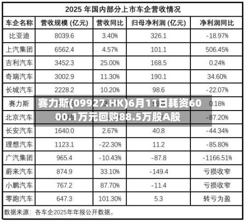 赛力斯(09927.HK)6月11日耗资6000.1万元回购88.5万股A股