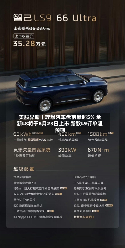 美股异动丨理想汽车盘前涨超5% 全新L8将于6月23日上市 新款L9订单超预期