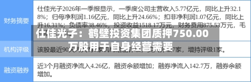 仕佳光子：鹤壁投资集团质押750.00万股用于自身经营需要