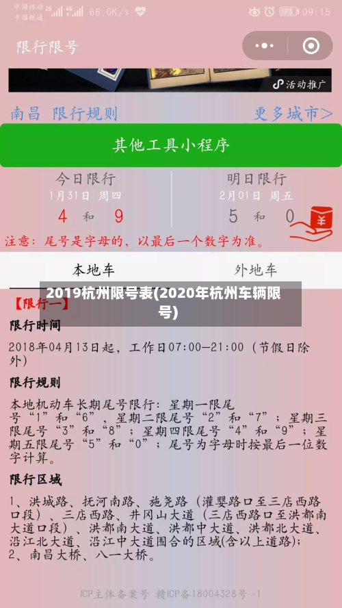2019杭州限号表(2020年杭州车辆限号)
